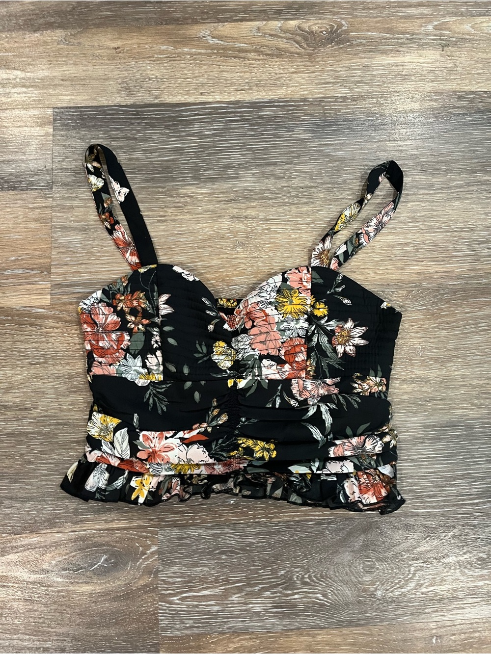 Floral Ruffled Crop Tank Top - Black